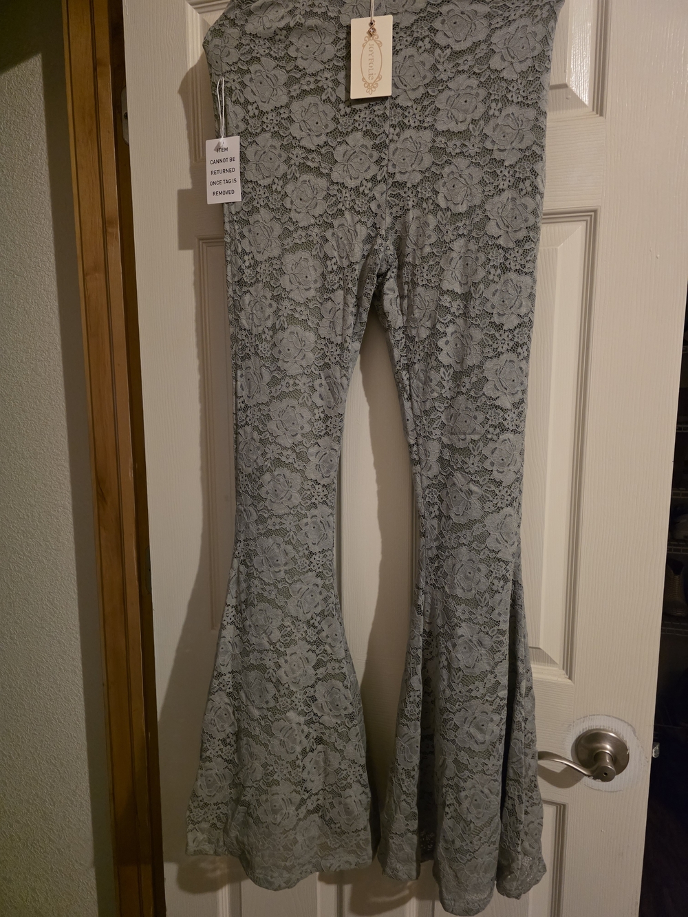 Joyfolie Lace Flare Pants in Light Gray